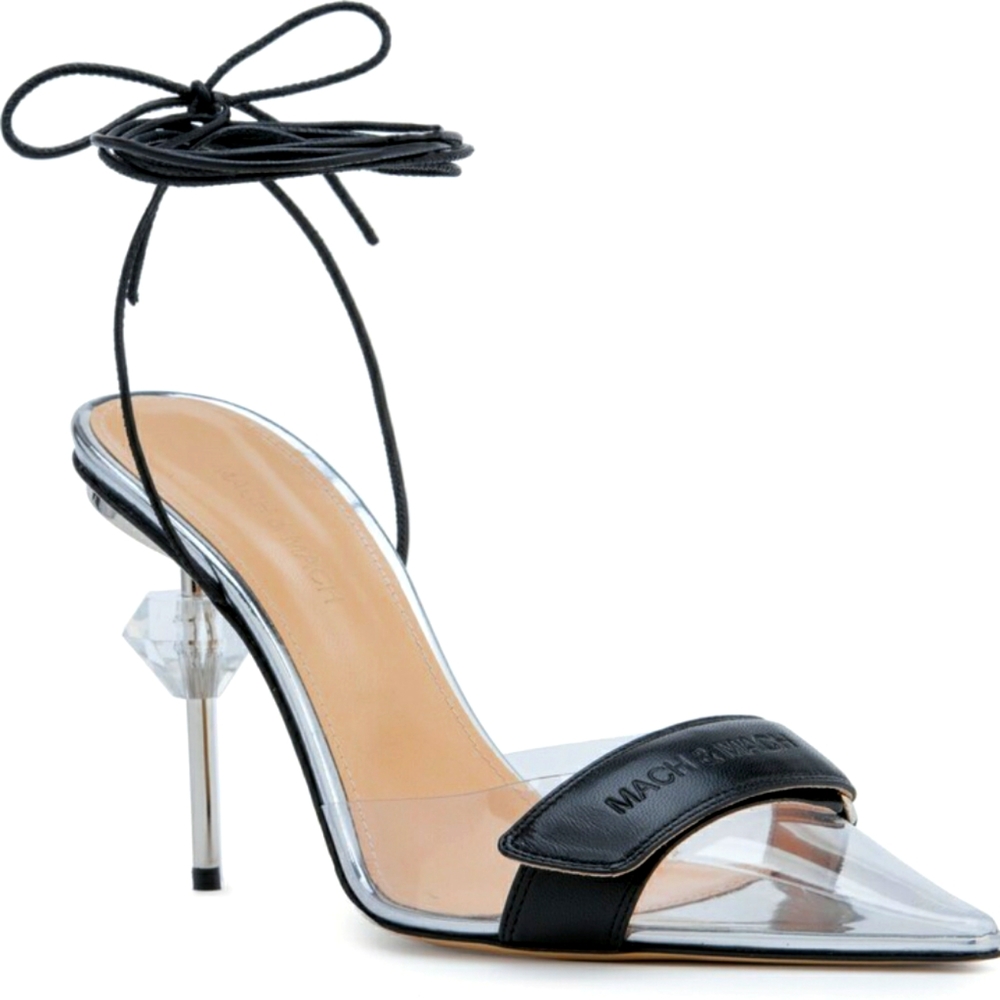 MACH & MACH Kelly Logo Strap Clear Pointed Toe Pump